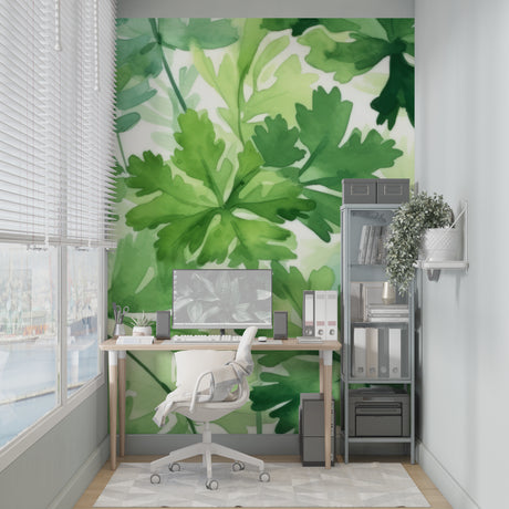 Botanical wallpaper mural in modern living room showing large green watercolor leaves