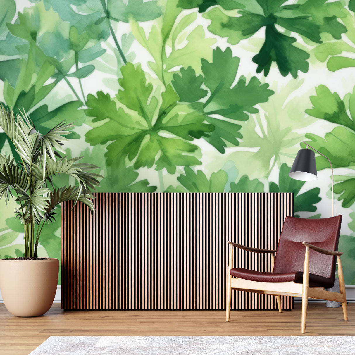 Botanical watercolor wallpaper in bright modern living room showing green leaf pattern