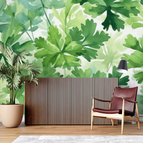 Botanical watercolor wallpaper in bright modern living room showing green leaf pattern