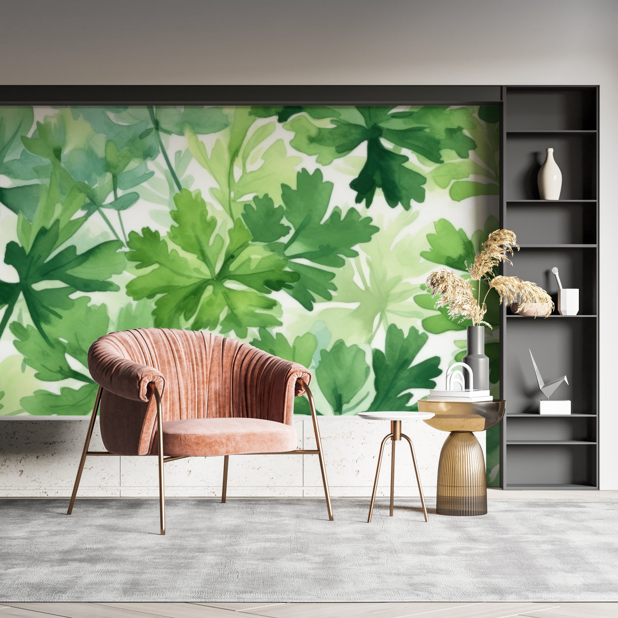 Green leaf wallpaper creating calm atmosphere in home office space