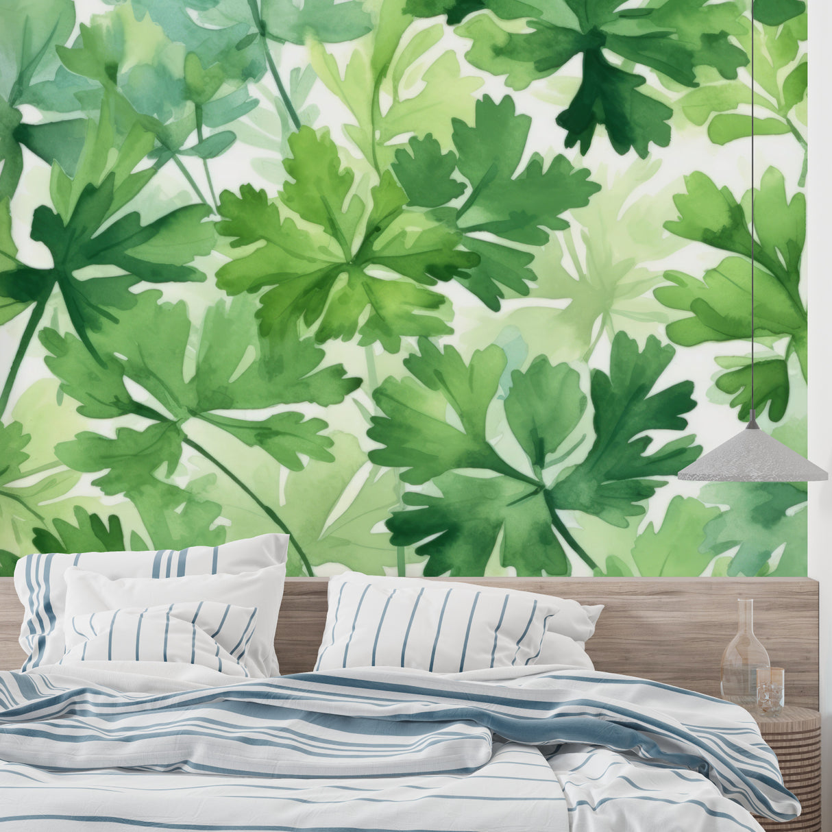 Fresh botanical wall design transforming bedroom with green leaves