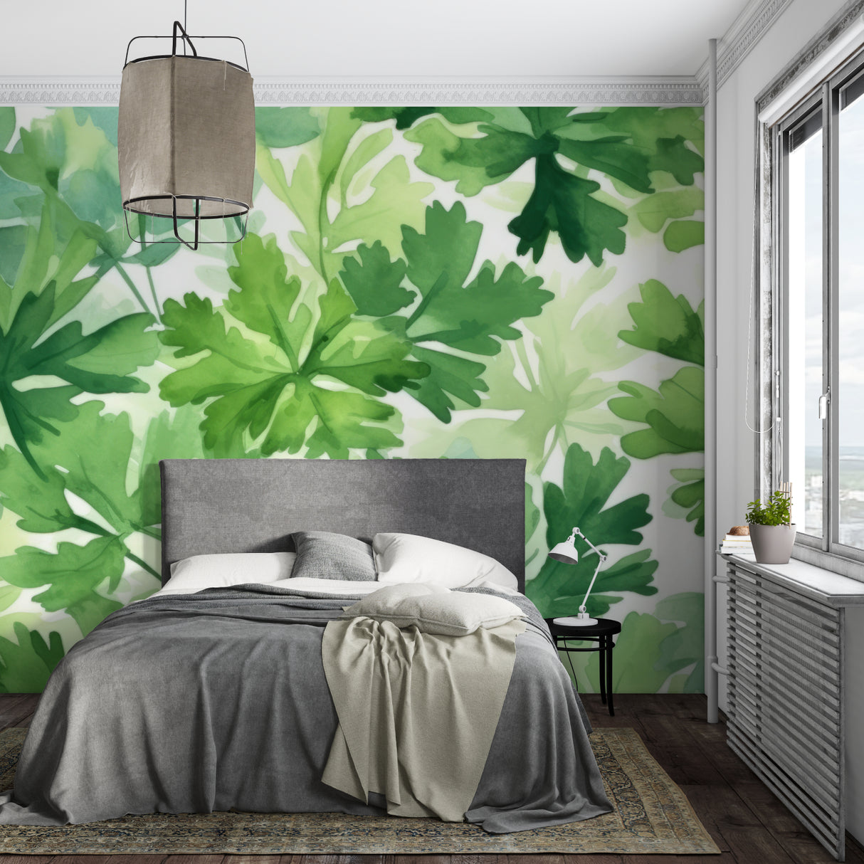 Nature-inspired wallpaper adding life to minimalist entrance hall