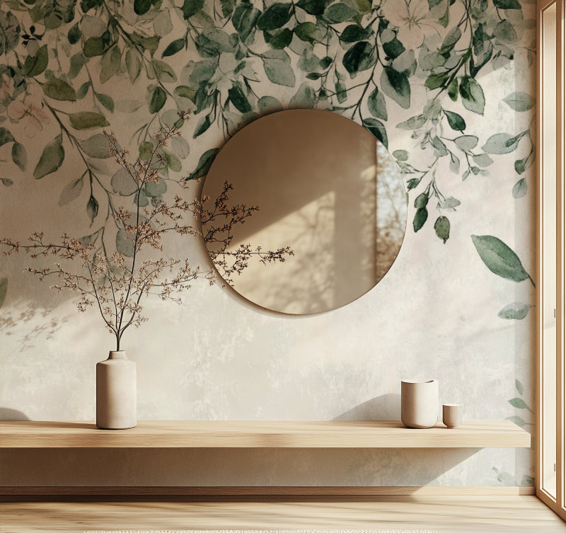Watercolor leaf mural adding natural beauty to a home office space