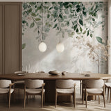 Nature-inspired green leaf wallpaper creating depth in an entrance hall