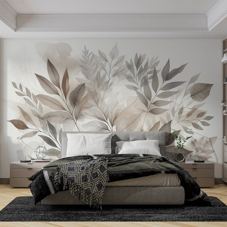 Modern living room featuring a Neutral Botanical Wallpaper with watercolor leaves creating a peaceful atmosphere