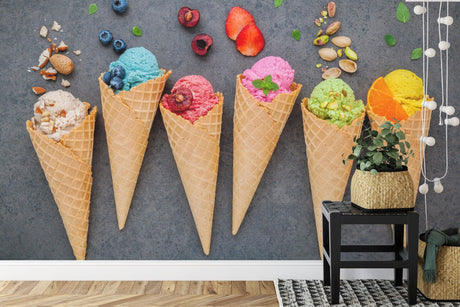 Ice cream wallpaper mural bringing joy to a modern kitchen with white cabinets and natural lighting