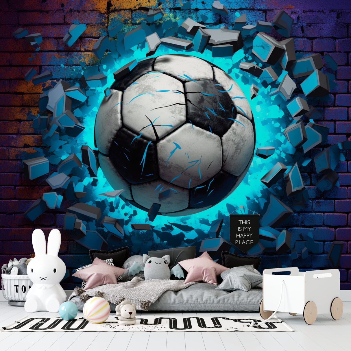 3D Football Breaking Wall Mural displayed in modern teen bedroom with gaming setup