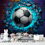 3D Football Breaking Wall Mural displayed in modern teen bedroom with gaming setup