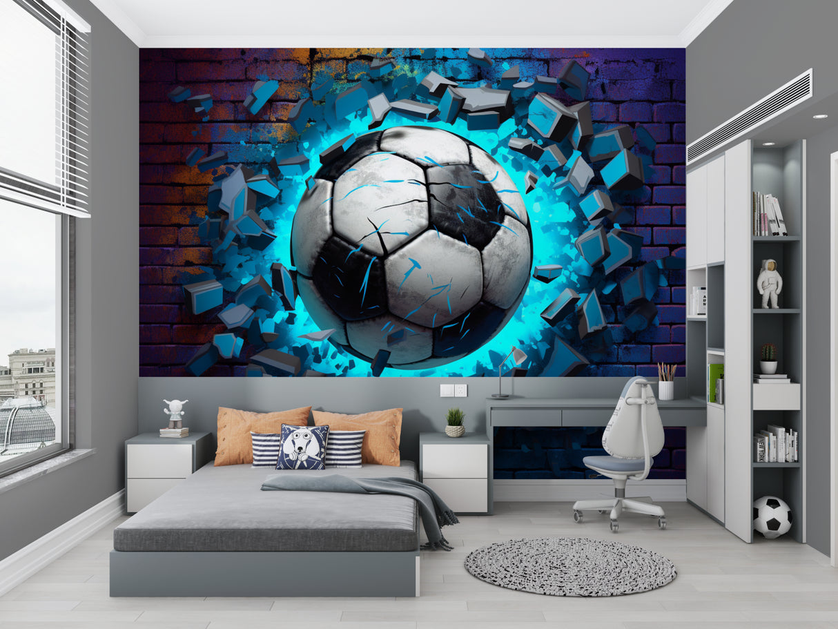 Soccer wall mural showcased in sports bar setting with ambient lighting