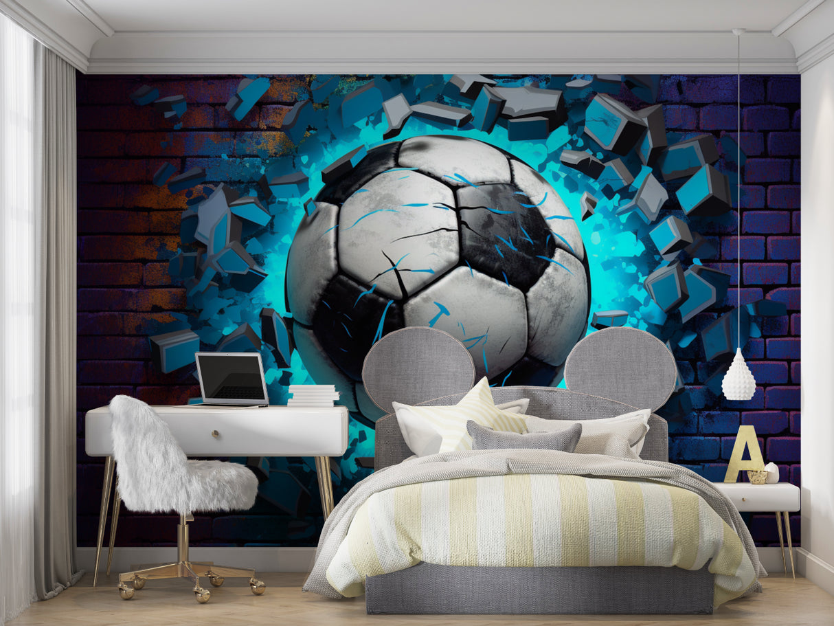 3D Football wallpaper creating dramatic effect in game room setting
