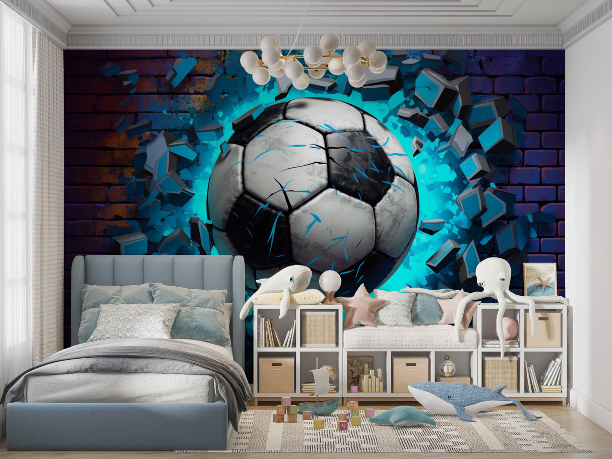 Breaking wall soccer design displayed in fitness center environment