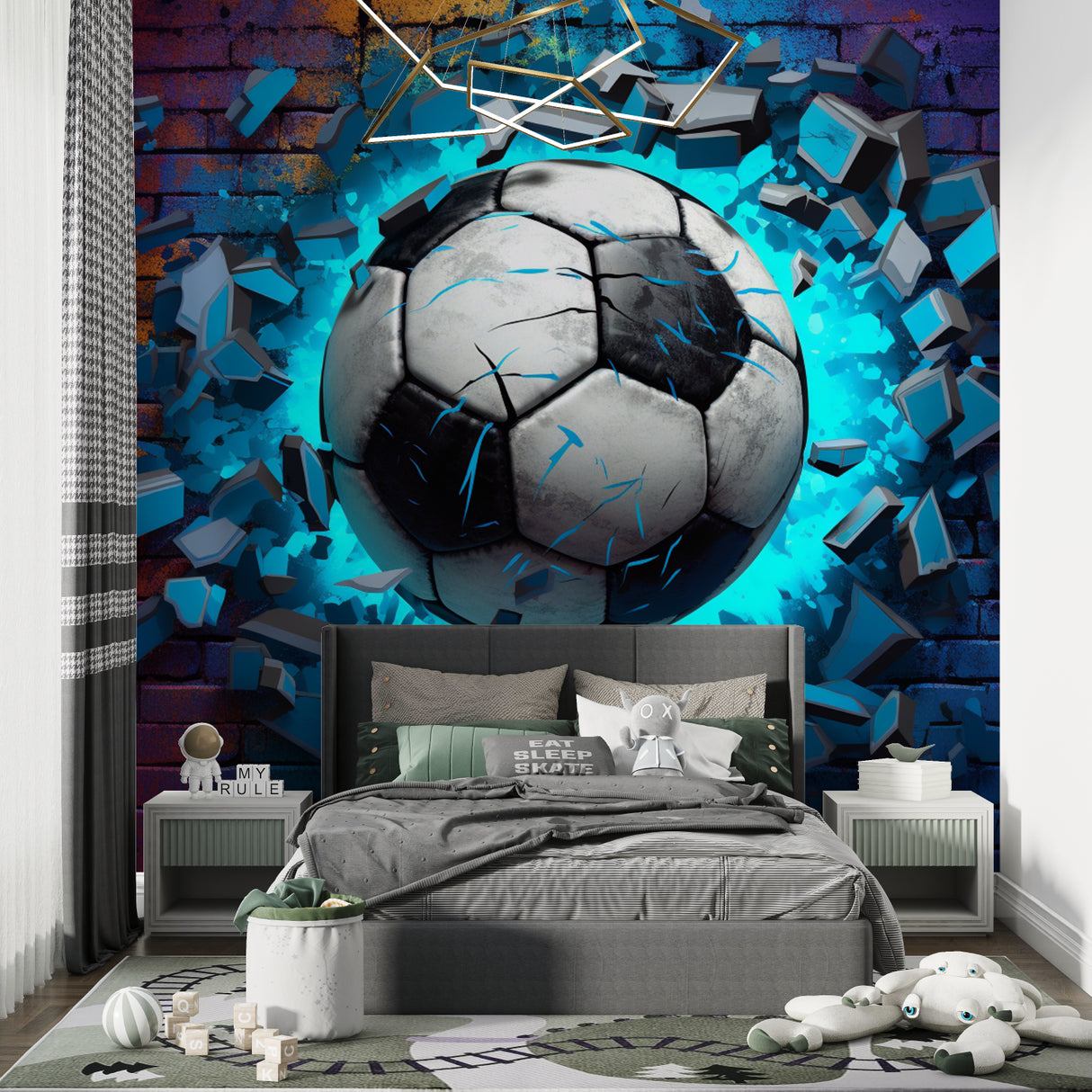 Football mural making statement in sports-themed basement recreation area