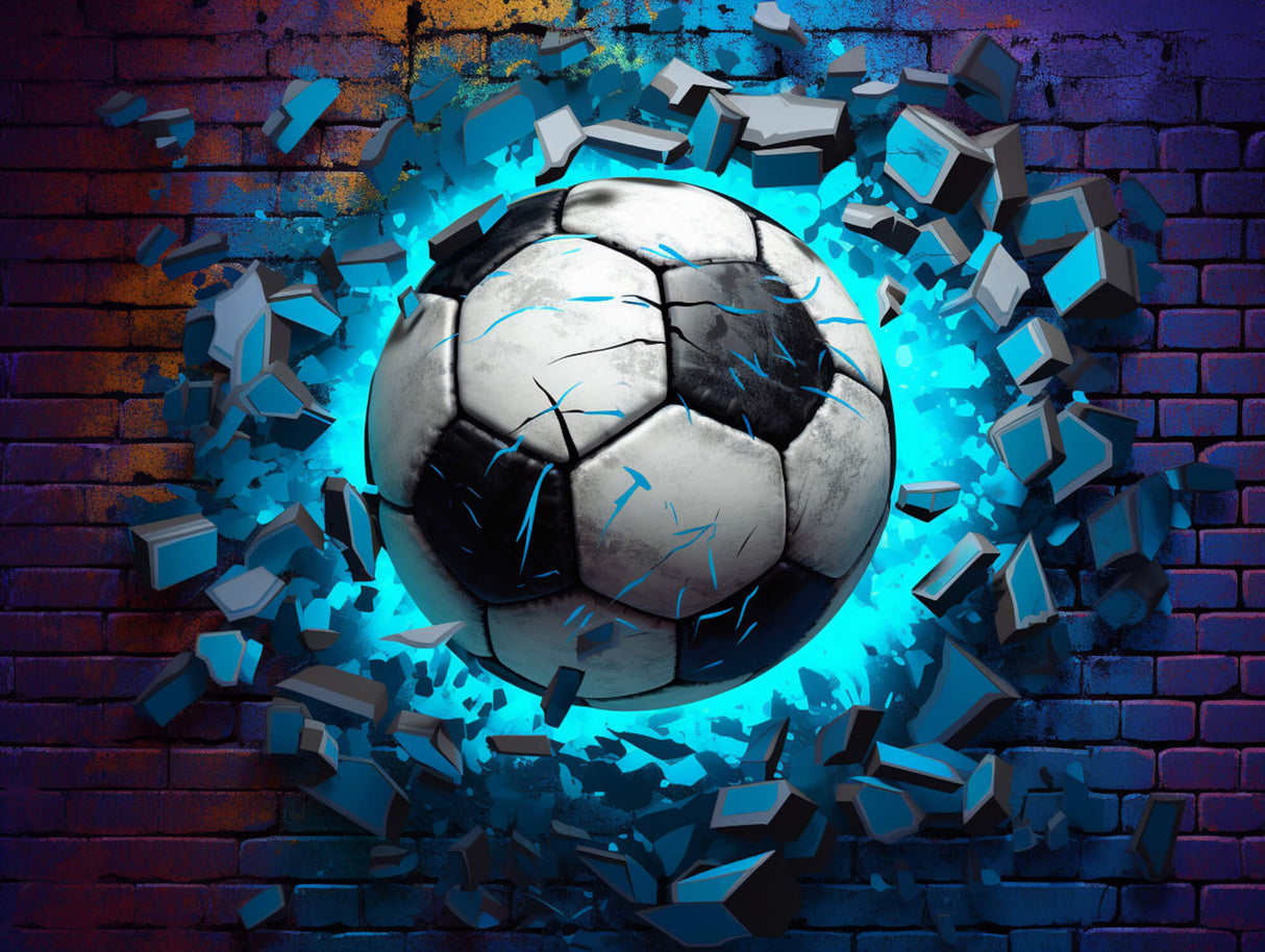 Design file of 3D soccer ball breaking through wall with turquoise glow effect