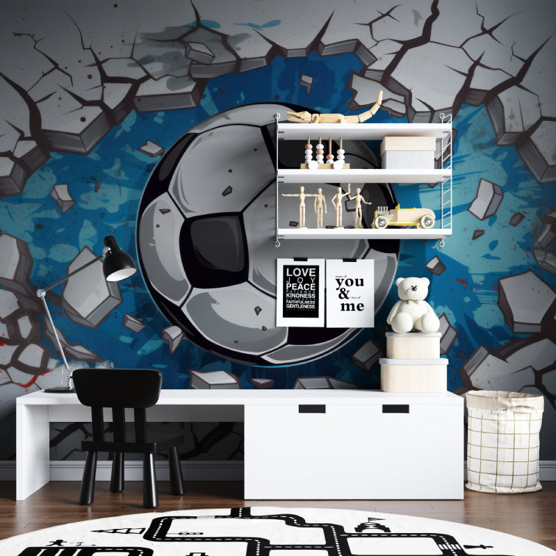 Man cave decorated with realistic 3D football wallpaper mural