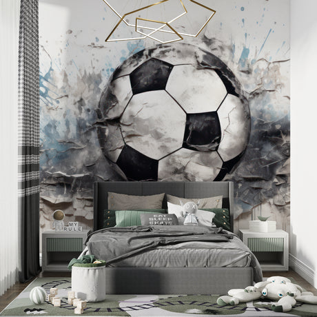 3D Football Wallpaper in modern game room showing breaking wall effect with dramatic lighting