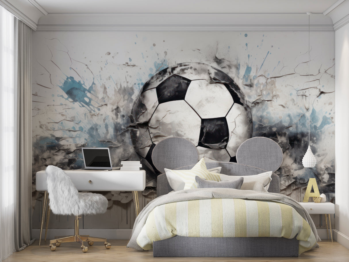 Soccer wall mural installed in teen bedroom with gaming setup