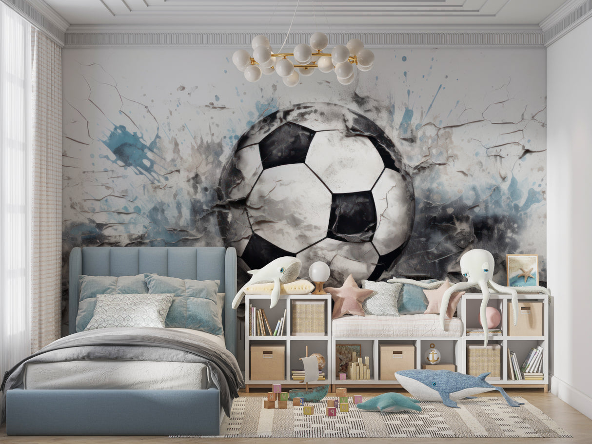 3D breaking wall football mural in sports bar setting