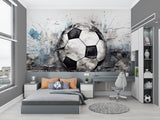 Man cave decorated with 3D soccer ball wallpaper showing depth effect