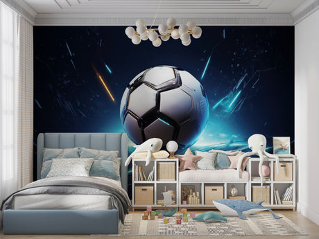 3D Football Wallpaper in modern teen bedroom showing dynamic blue design with cosmic effects