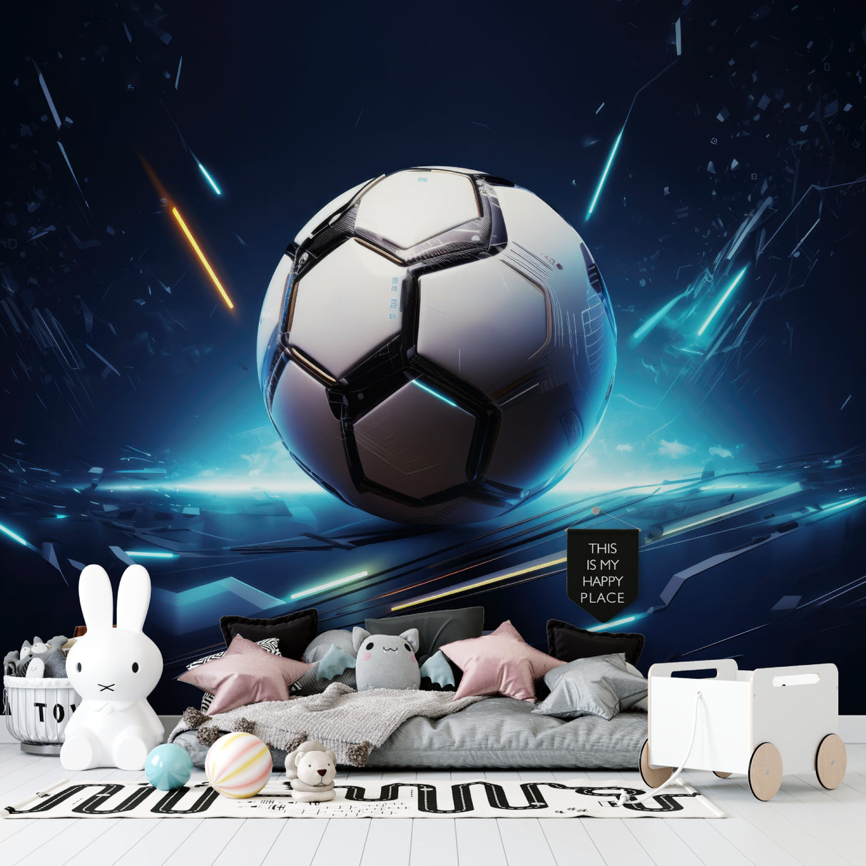 Soccer themed wallpaper displayed in gaming room with LED lighting