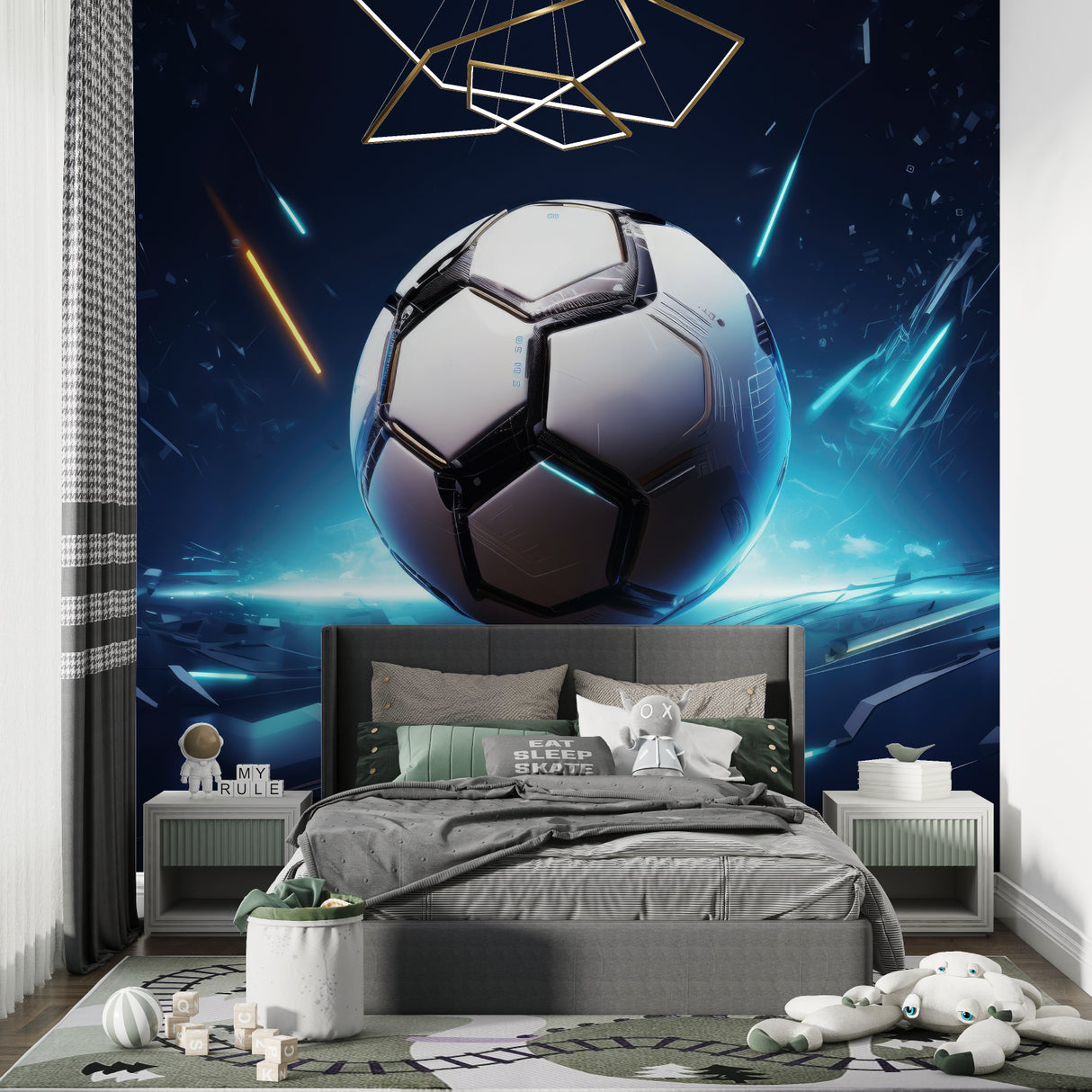 3D Football mural in sports fan bedroom with contemporary furniture