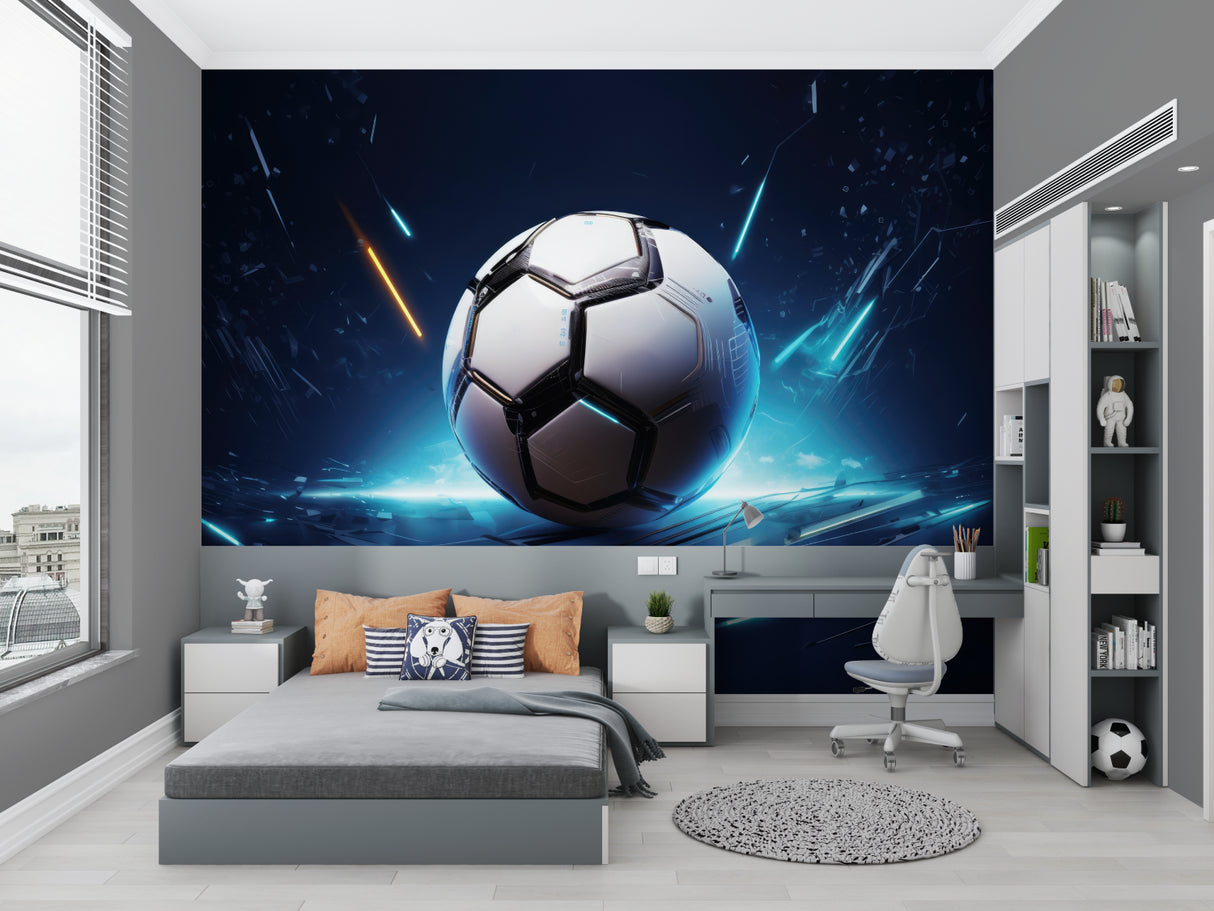 Blue soccer wall mural creating depth in kids play area