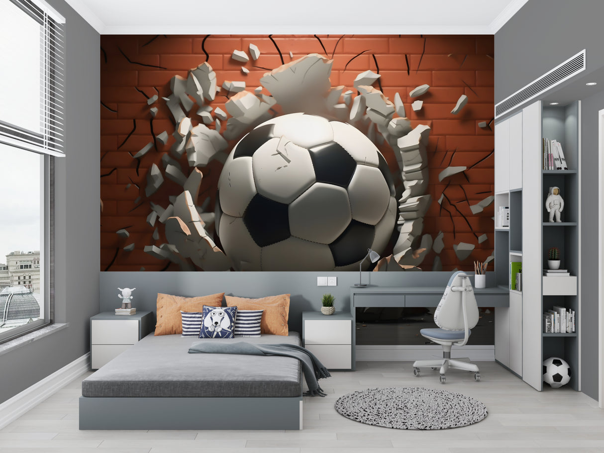 Football wall mural showing scale in minimalist office space