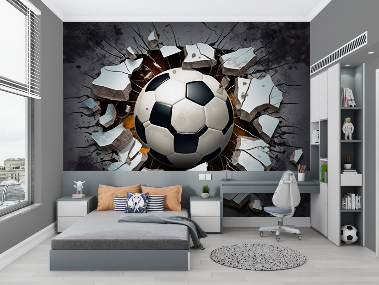 Football mural wallpaper in modern teen bedroom showing 3D graffiti soccer ball design