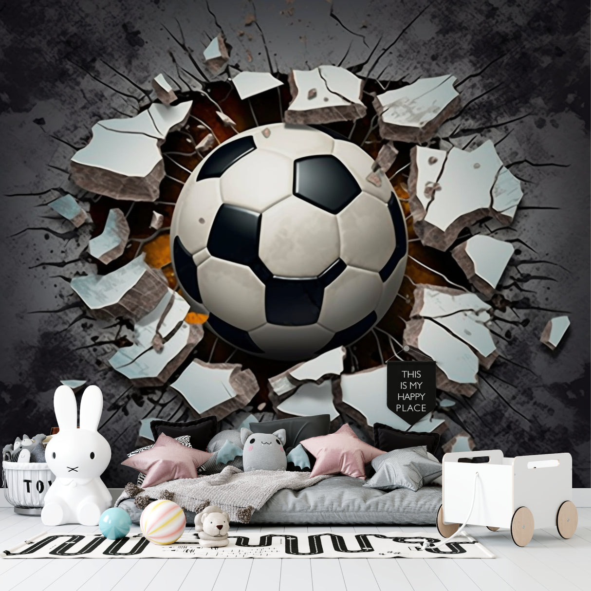 3D football wallpaper displayed in gaming room with blue lighting effects