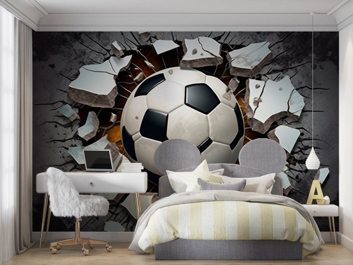 Kids bedroom featuring 3D football mural wallpaper in urban style