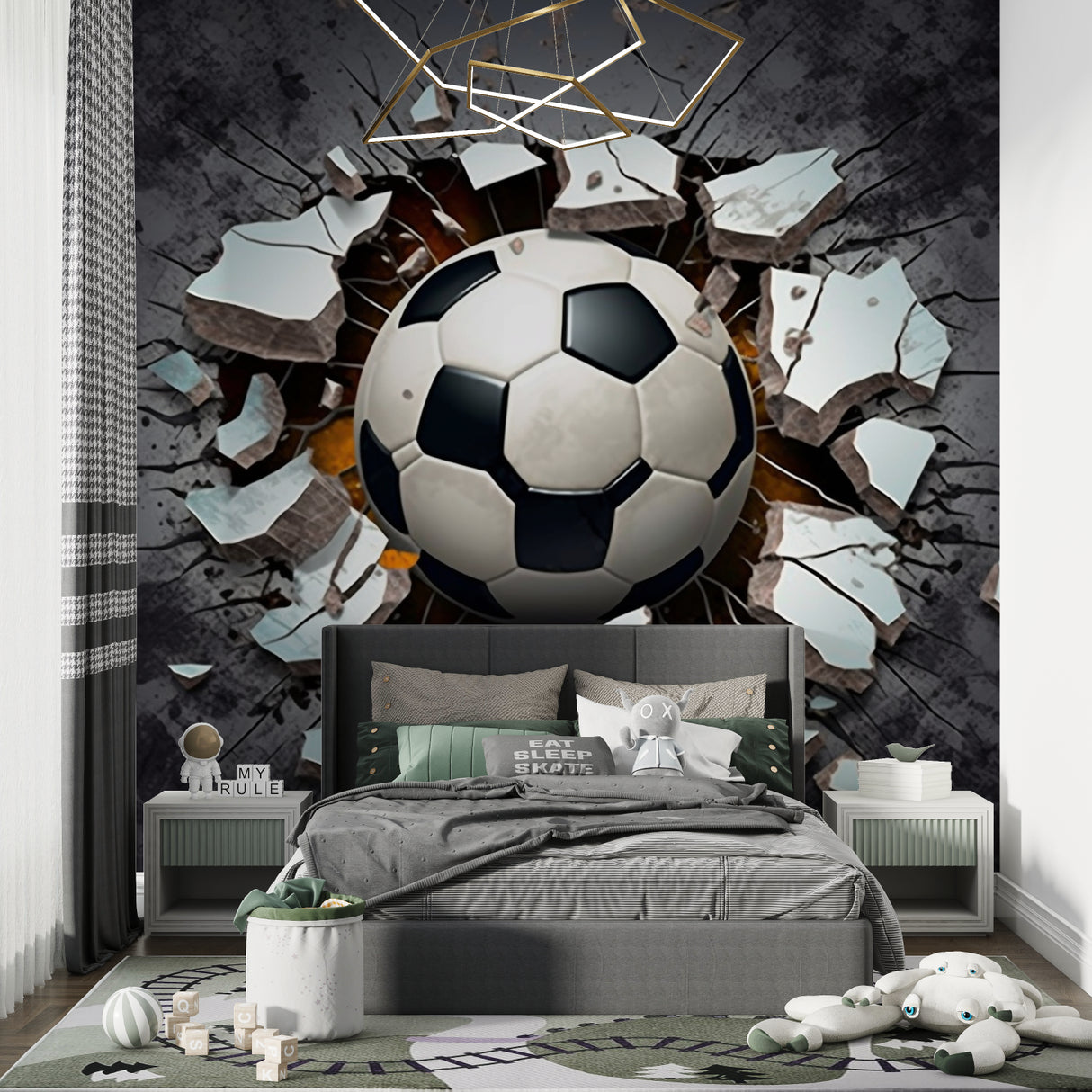 Modern living space showcasing soccer themed wall mural with graffiti elements