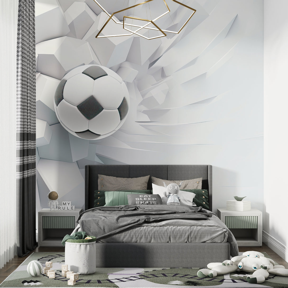 3D Football wallpaper in modern teen bedroom showing soccer ball breaking through wall effect