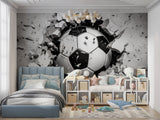 3D Football wallpaper in modern teen bedroom showing soccer ball breaking through wall effect