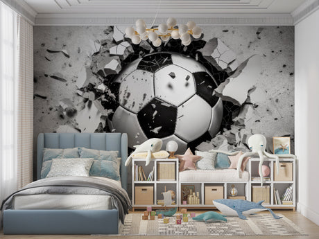 3D Football wallpaper in modern teen bedroom showing soccer ball breaking through wall effect