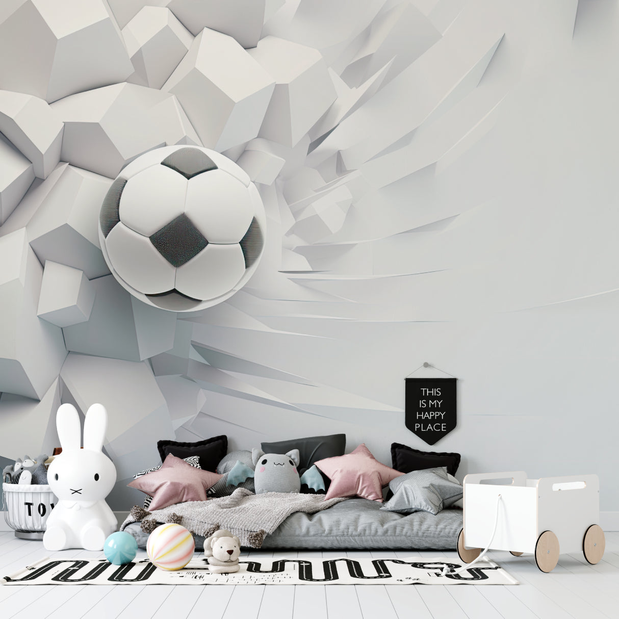 Soccer wall mural creating depth in minimalist game room with 3D breaking wall effect