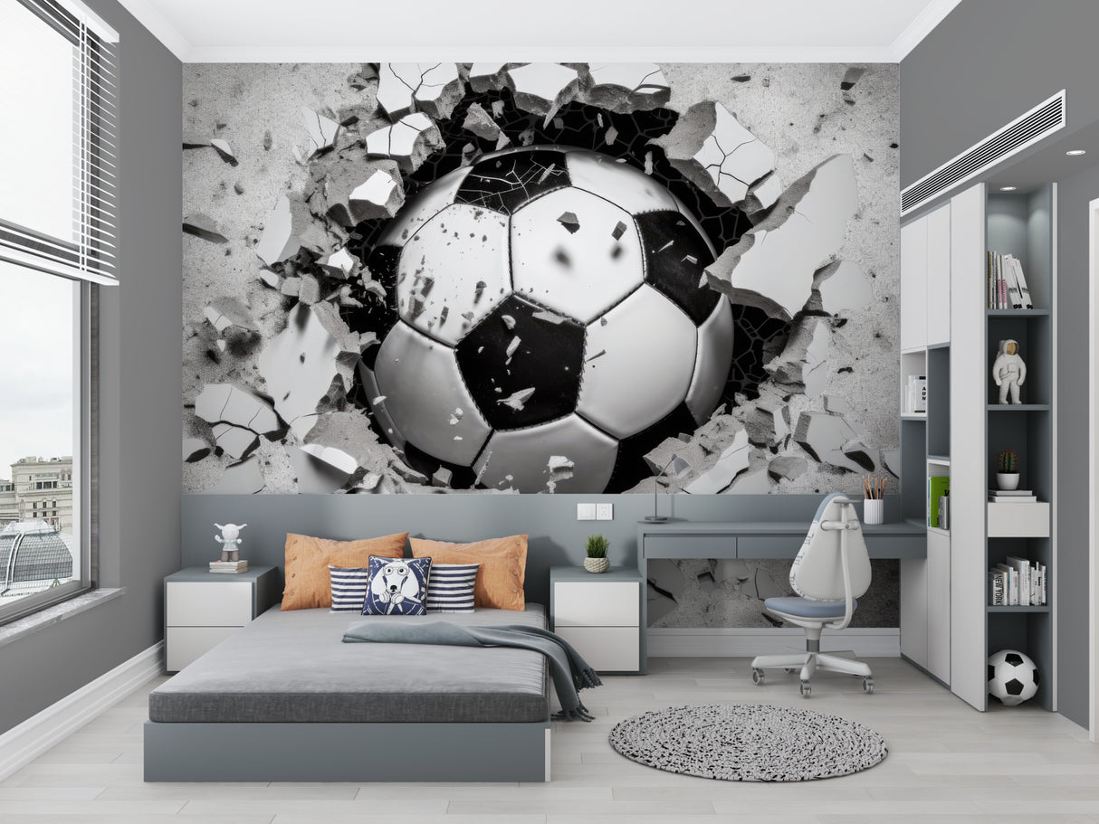 Soccer wall mural displayed in game room with dramatic lighting