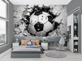 Soccer wall mural displayed in game room with dramatic lighting