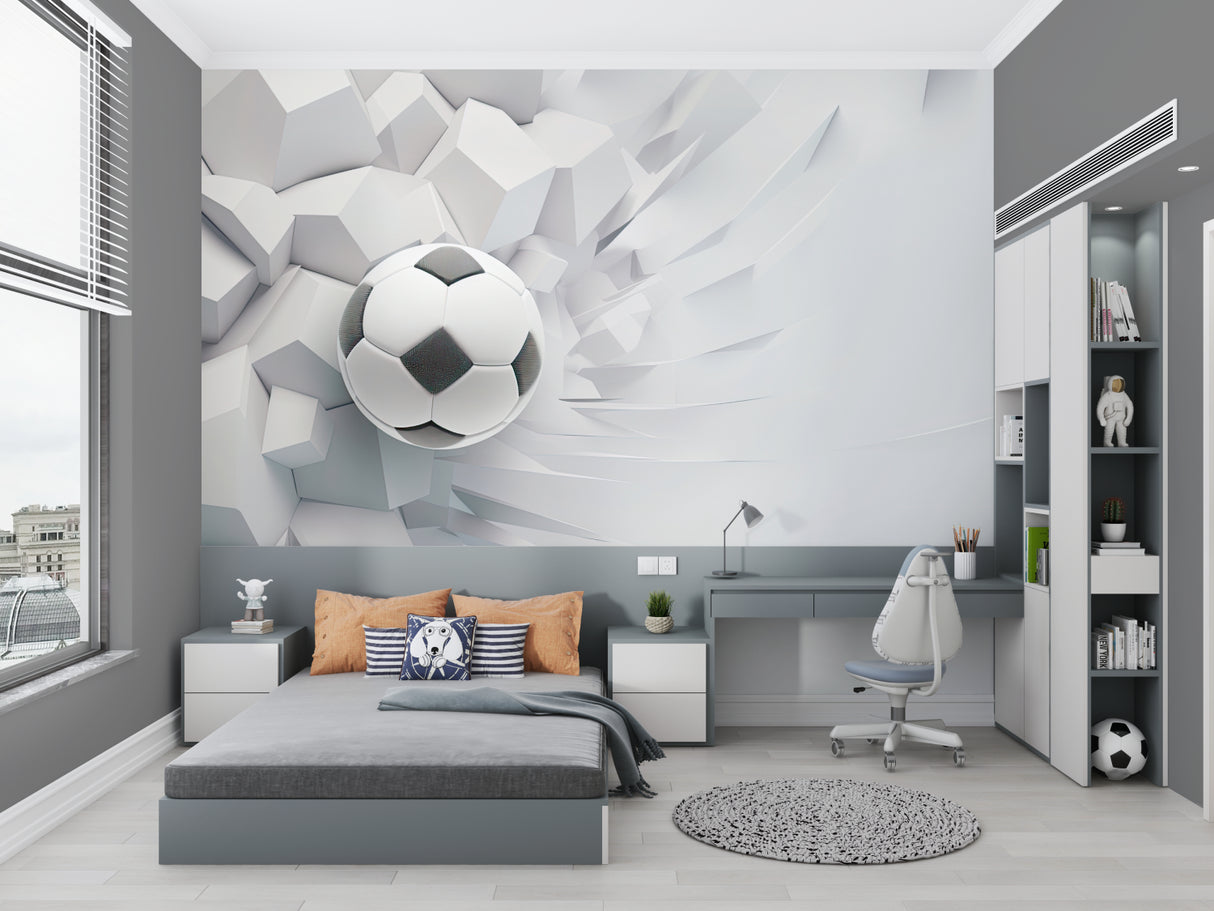 3D sports wallpaper installed in home gym showing dramatic soccer ball impact design