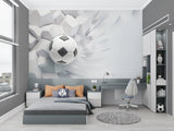 3D sports wallpaper installed in home gym showing dramatic soccer ball impact design