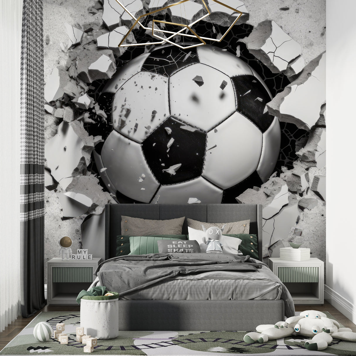 3D football mural bringing energy to sports bar interior