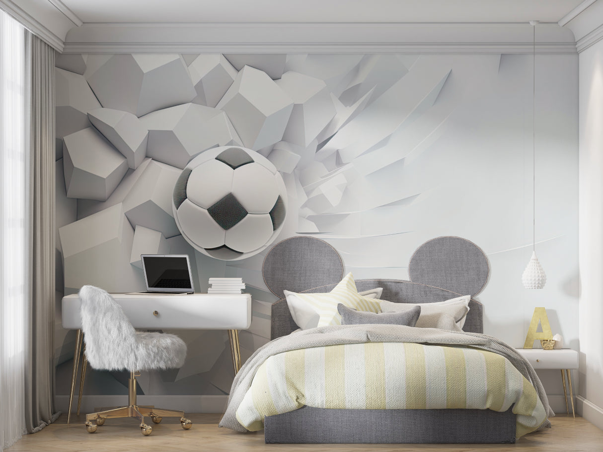Football themed bedroom with 3D wall mural showing soccer ball breaking through effect