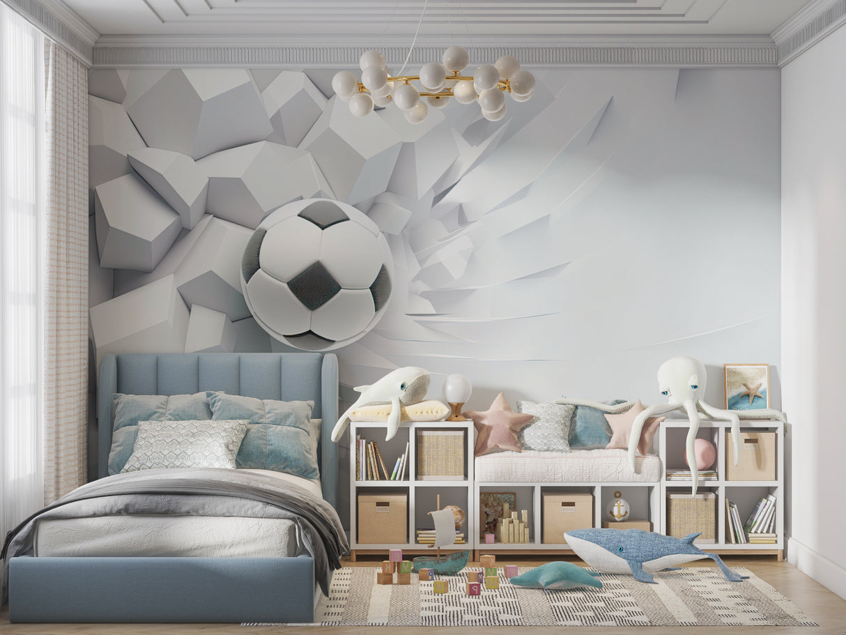 Man cave featuring dramatic 3D soccer wallpaper with breaking wall illusion
