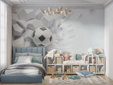 Man cave featuring dramatic 3D soccer wallpaper with breaking wall illusion