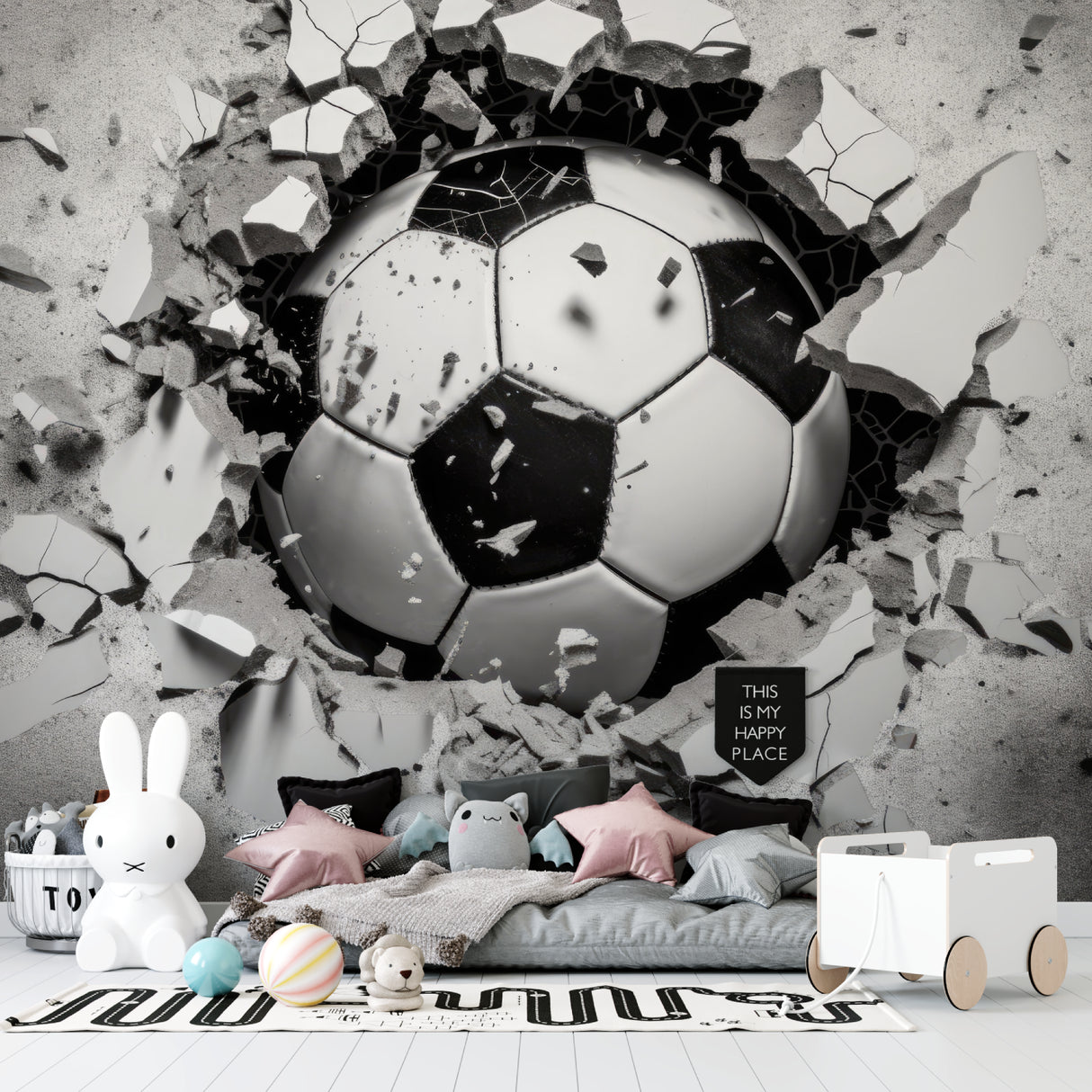 Sports themed wallpaper making statement in recreation room
