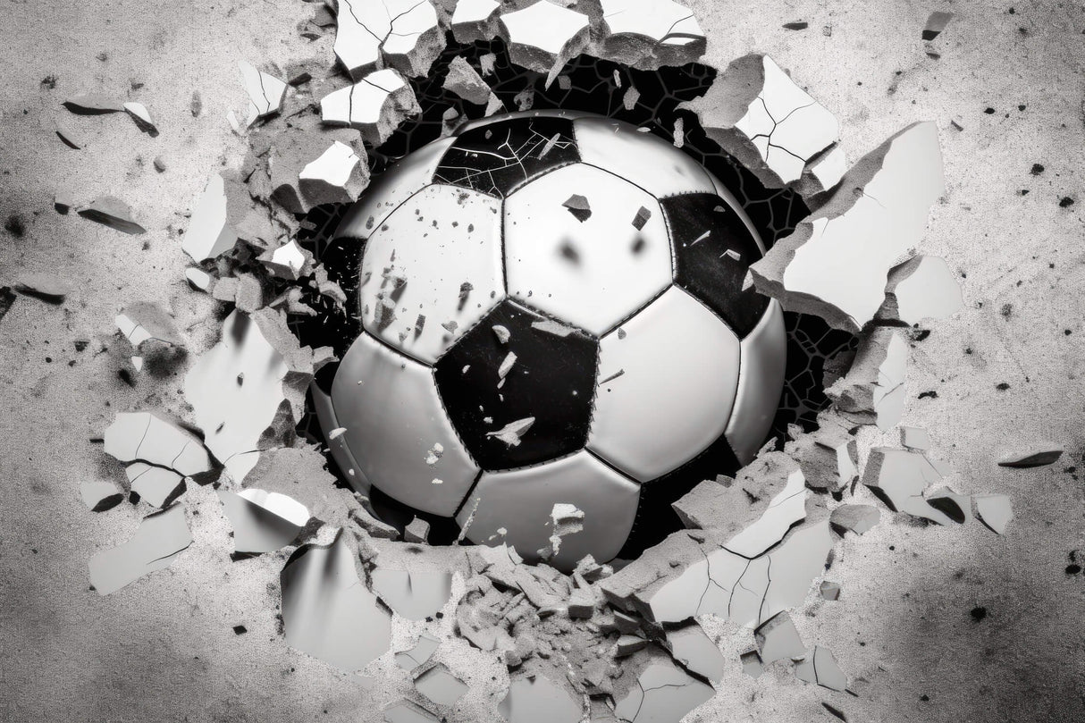 High-resolution design file of 3D soccer ball breaking through concrete wall pattern