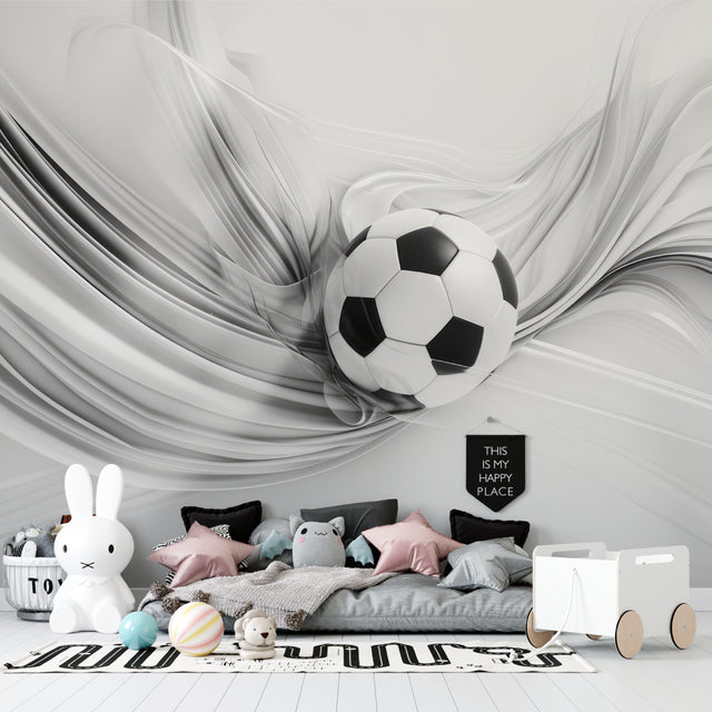 Modern Football wallpaper in teen bedroom showing 3D soccer ball design above gaming setup