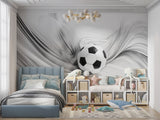 3D Football mural wallpaper creating striking accent wall in contemporary living room