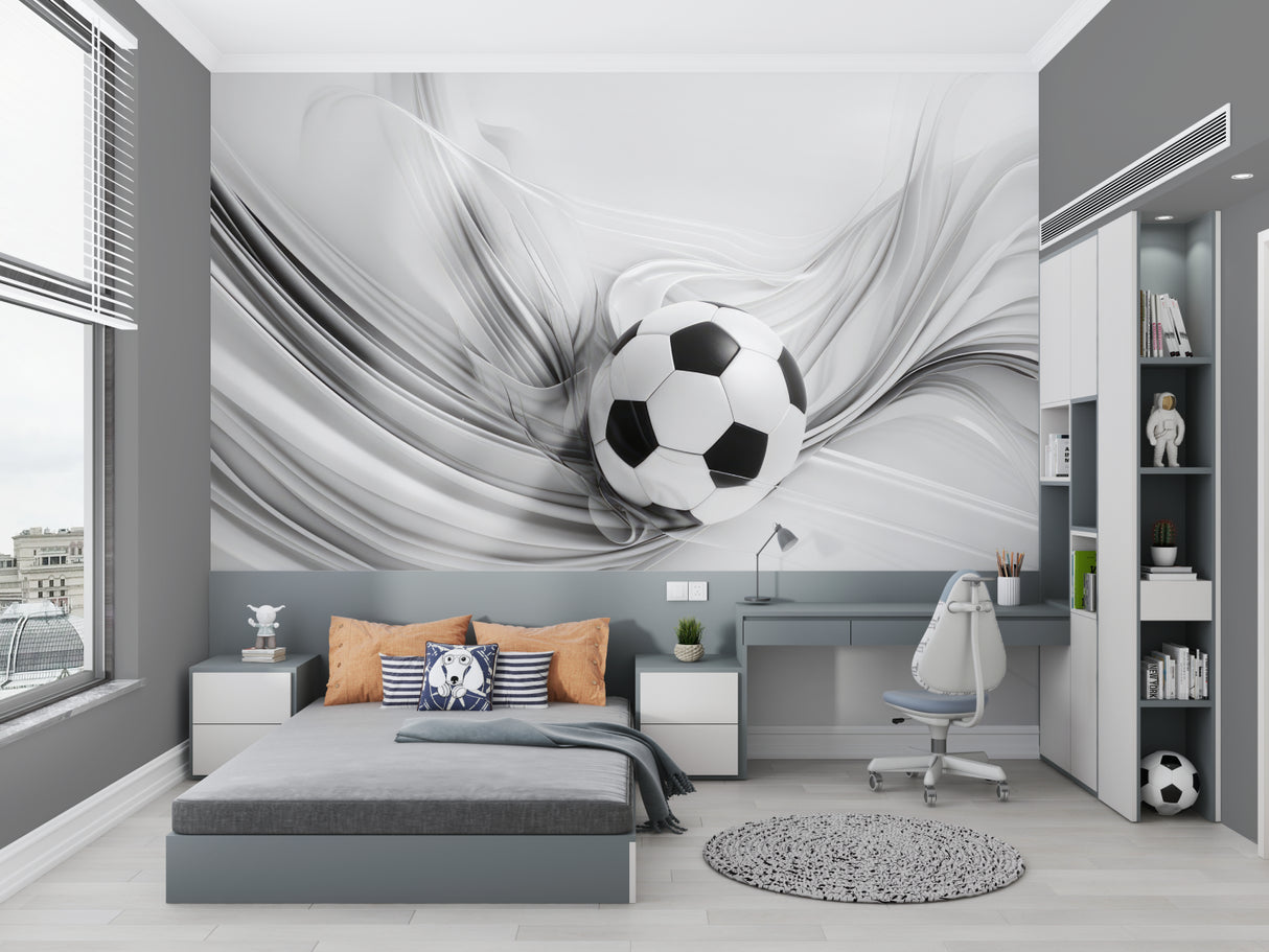 Dynamic football wall mural installed in kids playroom with sports theme