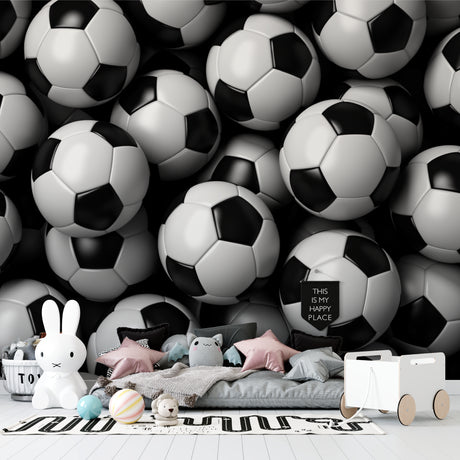 3D Soccer Ball wallpaper creating dynamic impact in modern teen bedroom with gaming setup
