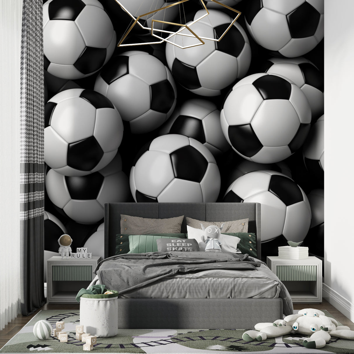 Black and white football wallpaper transforming home gym space